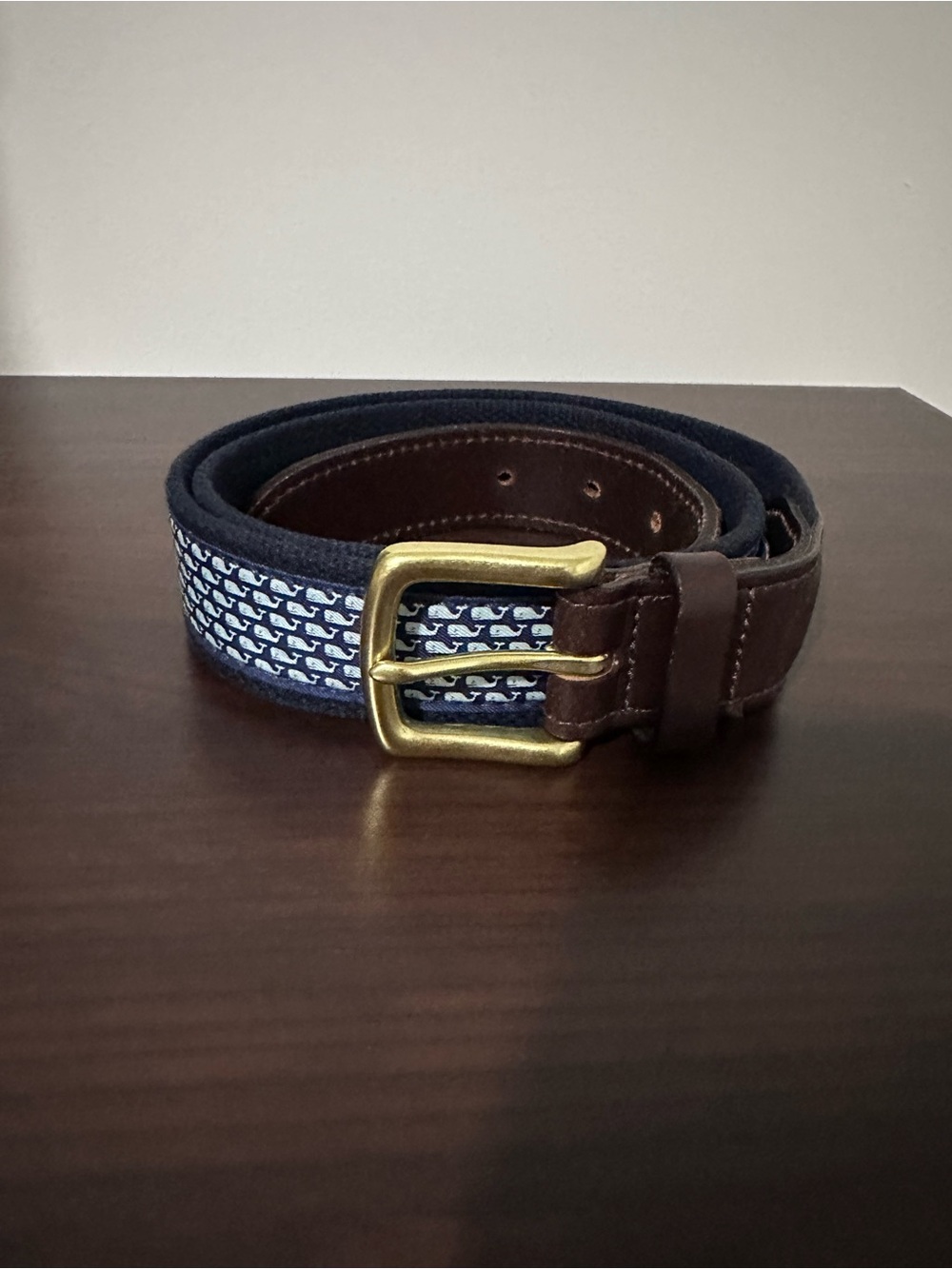 Vineyard Vines Navy Whale-Print Canvas Belt with Brown Leather & Brass Buckle
